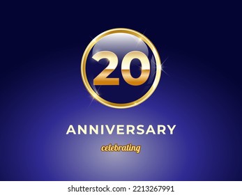 Vector graphic of 20 years golden anniversary logo with round blue glossy button with gold ring frame on dark blue gradient background. Good design for Congratulation celebration event, birthday, etc.