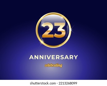 Imagen vectorial del logo de 23 años de aniversario dorado con botón brillante azul redondo con marco de anillo dorado sobre fondo de gradiente azul oscuro. Buen diseño para la celebración de la felicitación, cumpleaños, etc.
