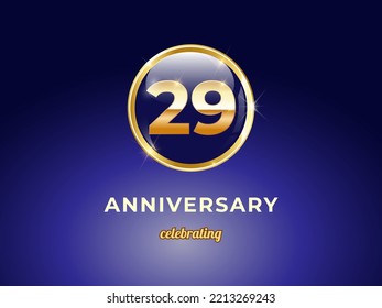 Imagen vectorial del logo de 29 años de aniversario dorado con botón brillante azul redondo con marco de anillo dorado sobre fondo de gradiente azul oscuro. Buen diseño para la celebración de la felicitación, cumpleaños, etc.
