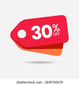 Diseño de descuento de 30% de descuento en gráficos vectoriales. Ilustración de vectores aislados con etiqueta roja de venta. Ilustración De Precio De Oferta De Descuento. Descuento en el precio del vector. 