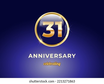 Vektorgrafik des 31-jährigen goldenen Jubiläums-Logos mit rundem blauen Glanzknopf mit goldenem Ringrahmen auf dunkelblauem Farbverlauf-Hintergrund. Gutes Design für Begrüßungsfeier, Geburtstag, etc.