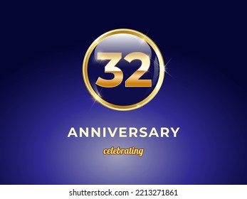 Vector graphic of 32 years golden anniversary logo with round blue glossy button with gold ring frame on dark blue gradient background. Good design for Congratulation celebration event, birthday, etc.