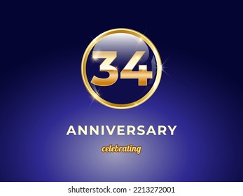 Vector graphic of 34 years golden anniversary logo with round blue glossy button with gold ring frame on dark blue gradient background. Good design for Congratulation celebration event, birthday, etc.