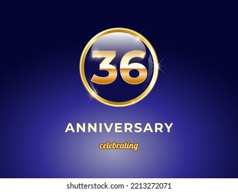 Vector graphic of 36 years golden anniversary logo with round blue glossy button with gold ring frame on dark blue gradient background. Good design for Congratulation celebration event, birthday, etc.