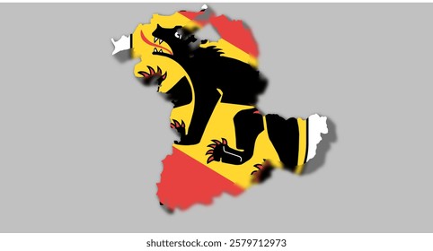 Vector graphic with 3d shape of Swiss Canton of Bern with coat of arms against gray background. Illustration made February 1st, 2025, Zurich, Switzerland.