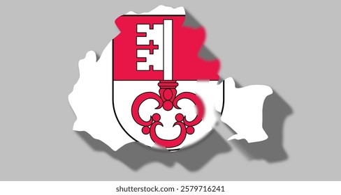 Vector graphic with 3d shape of Swiss Canton of Obwalden with coat of arms against gray background. Illustration made February 1st, 2025, Zurich, Switzerland.