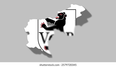 Vector graphic with 3d shape of Swiss Canton of Appenzell Ausserrhoden with coat of arms against gray background. Illustration made February 1st, 2025, Zurich, Switzerland.