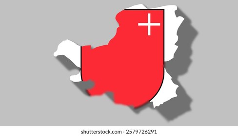 Vector graphic with 3d shape of Swiss Canton of Schwyz with coat of arms against gray background. Illustration made February 1st, 2025, Zurich, Switzerland.