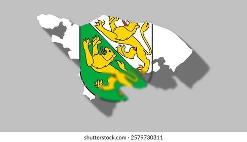 Vector graphic with 3d shape of Swiss Canton of Thurgau with coat of arms against gray background. Illustration made February 1st, 2025, Zurich, Switzerland.