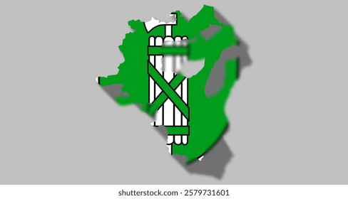 Vector graphic with 3d shape of Swiss Canton of St. Gallen with hatchet with coat of arms against gray background. Illustration made February 1st, 2025, Zurich, Switzerland.