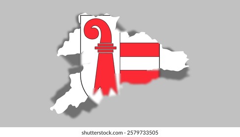 Vector graphic with 3d shape of Swiss Canton Jura of with coat of arms against gray background. Illustration made February 1st, 2025, Zurich, Switzerland.