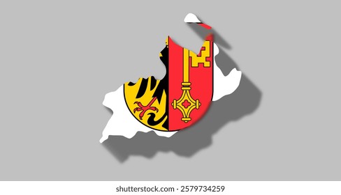 Vector graphic with 3d shape of Swiss Canton of Geneva with coat of arms against gray background. Illustration made February 1st, 2025, Zurich, Switzerland.