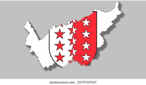 Vector graphic with 3d shape of Swiss Canton of Valais Wallis with coat of arms against gray background. Illustration made February 1st, 2025, Zurich, Switzerland.