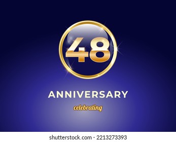 Vector graphic of 48 years golden anniversary logo with round blue glossy button with gold ring frame on dark blue gradient background. Good design for Congratulation celebration event, birthday, etc.