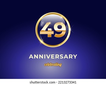 Vector graphic of 49 years golden anniversary logo with round blue glossy button with gold ring frame on dark blue gradient background. Good design for Congratulation celebration event, birthday, etc.