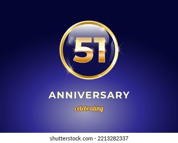 Vector graphic of 51 years golden anniversary logo with round blue glossy button with gold ring frame on dark blue gradient background. Good design for Congratulation celebration event, birthday, etc.