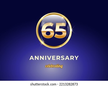 Vector graphic of 65 years golden anniversary logo with round blue glossy button with gold ring frame on dark blue gradient background. Good design for Congratulation celebration event, birthday, etc.