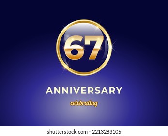 Vector graphic of 67 years golden anniversary logo with round blue glossy button with gold ring frame on dark blue gradient background. Good design for Congratulation celebration event, birthday, etc.