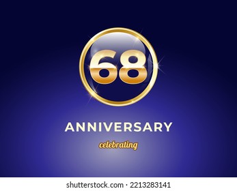 Vector graphic of 68 years golden anniversary logo with round blue glossy button with gold ring frame on dark blue gradient background. Good design for Congratulation celebration event, birthday, etc.