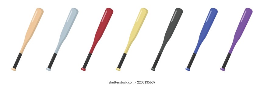 Vector graphic of 7 baseball stick. Black, gold, red, blue, purple, and silver baseball stick illustration with flat design style. Suitable for poster or content design assets