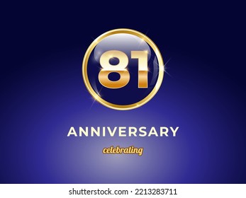 Vektorgrafik des 81-jährigen goldenen Jubiläums-Logos mit rundem blauen Glanzknopf mit goldenem Ringrahmen auf dunkelblauem Farbverlauf-Hintergrund. Gutes Design für Begrüßungsfeier, Geburtstag, etc.