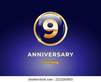 Vector graphic of 9 years golden anniversary logo with round blue glossy button with gold ring frame on dark blue gradient background. Good design for Congratulation celebration event, birthday, etc.