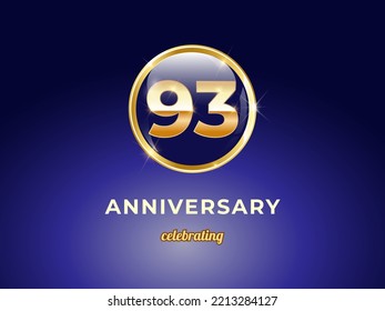 Vector graphic of 93 years golden anniversary logo with round blue glossy button with gold ring frame on dark blue gradient background. Good design for Congratulation celebration event, birthday, etc.