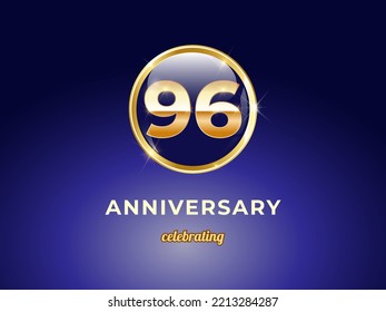 Vector graphic of 96 years golden anniversary logo with round blue glossy button with gold ring frame on dark blue gradient background. Good design for Congratulation celebration event, birthday, etc.