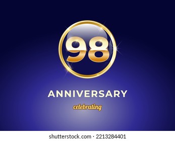 Vektorgrafik des 98-jährigen goldenen Jubiläums-Logos mit rundem blauen Glanzknopf mit goldenem Ringrahmen auf dunkelblauem Farbverlauf-Hintergrund. Gutes Design für Begrüßungsfeier, Geburtstag, etc.