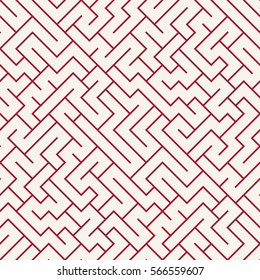 Vector graphic abstract geometry  maze pattern. red seamless geometric labyrinth background . subtle pillow and bed sheet design. unique art deco. hipster fashion print