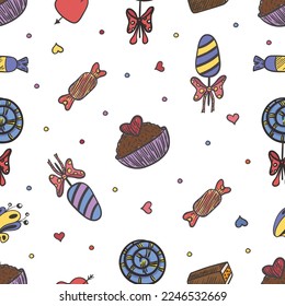 Vector graphic abstract holiday seamless pattern with sweets and hearts on a white background