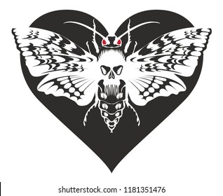 Vector graphic abstract illustration of a butterfly Dead head with a skull-shaped pattern on the thorax. White moth on black heart isolated on white background. T-shirt design template