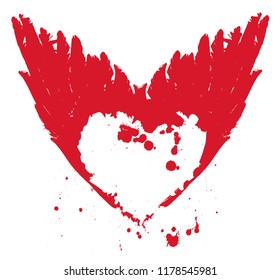 Vector graphic abstract illustration of red heart with ink blots, drops and wings. Flying heart. T-shirt design template