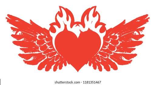 Vector graphic abstract illustration of red heart with wings in fire isolated on white background. Flying burning heart with flame. T-shirt design template