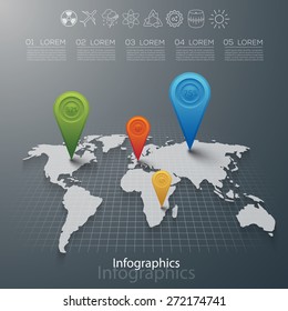 Vector graphic abstract info-graphics with a map and icons in vibrant colors