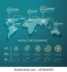 Vector graphic abstract infographics with world map and icons in vibrant colours. Creative concept for business presentation with abstract elements, graph and process chart.