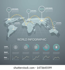 Vector graphic abstract infographics with world map and icons in vibrant colours. Creative concept for business presentation with abstract elements, graph and process chart.