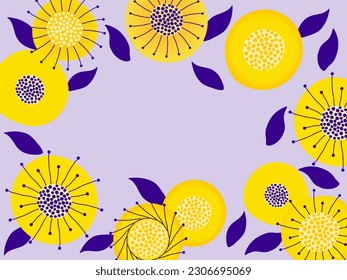 Vektorgrafik mit abstrakten gelben Blumen auf violettem Hintergrund. Freier Textraum. Geeignet für Einladungen, Grüße, Poster, Flyer und Werbung.
