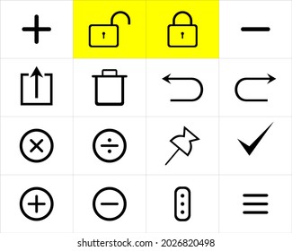 Gráfico vectorial de añadir, desbloquear, bloquear, menos-eliminar, compartir o guardar como, papelera, borrar, deshacer, rehacer, multiplicación, división, pinos, lista de comprobación, adición, sustracción, edición, menú.