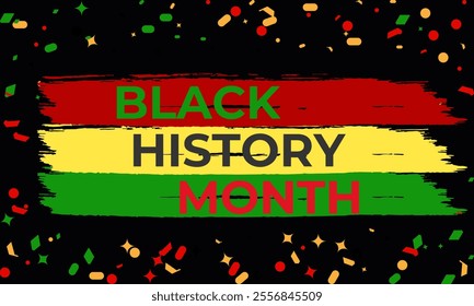 Vector graphic of African-american black history. Human hands holding colorful heart celebrating yellow green colors over black background. Design for cards, prints, social media, poster, flyer.