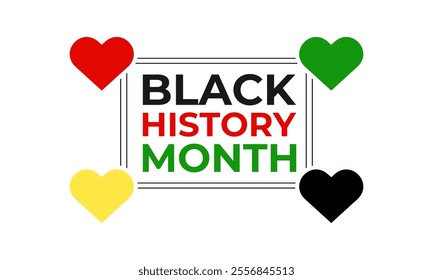 Vector graphic of African-american black history. Human hands holding colorful heart celebrating yellow green colors over black background. Design for cards, prints, social media, poster, flyer.