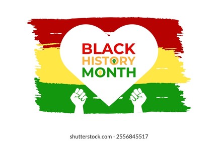 Vector graphic of African-american black history. Human hands holding colorful heart celebrating yellow green colors over black background. Design for cards, prints, social media, poster, flyer.