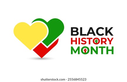 Vector graphic of African-american black history. Human hands holding colorful heart celebrating yellow green colors over black background. Design for cards, prints, social media, poster, flyer.