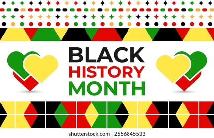 Vector graphic of African-american black history. Human hands holding colorful heart celebrating yellow green colors over black background. Design for cards, prints, social media, poster, flyer.