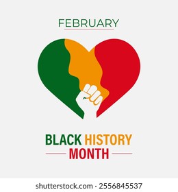 Vector graphic of African-american black history. Human hands holding colorful heart celebrating yellow green colors over black background. Design for cards, prints, social media, poster, flyer.