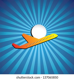 Vector graphic- airliner or jet icon flying on a bright day. This illustration represents a plane, aeroplane or airbus symbolically & is flying in high speed with sun. sun rays & sky in the background