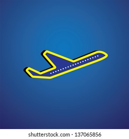 Vector graphic- airliner or plane icon or symbol in yellow & blue. This illustration represents a jet, aeroplane or airbus symbolically & is flying in clear blue sky(background)
