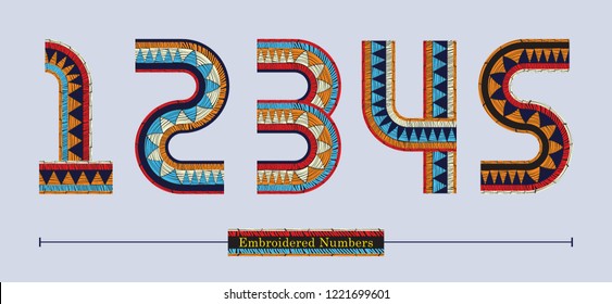 Vector graphic alphabet in a set 1,2,3,4,5 with embroidered fabric numbers with calligraphic letters style