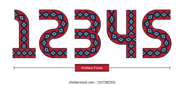 Vector graphic alphabet in a set 1,2,3,4,5, with Knitted christmas norwegian font style