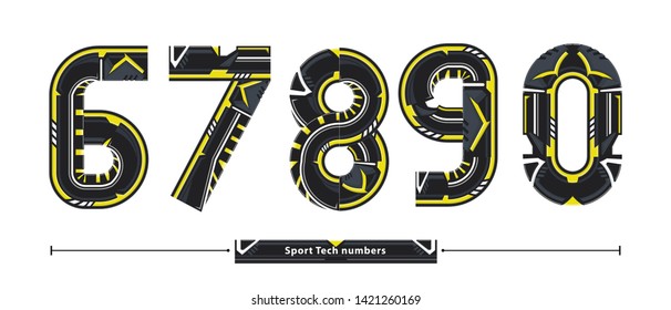 Vector graphic alphabet in a set 6,7,8,9,0, with Abstract Black Yellow Sport Tech numbers. Typography design for posters, logos, cover, etc.
